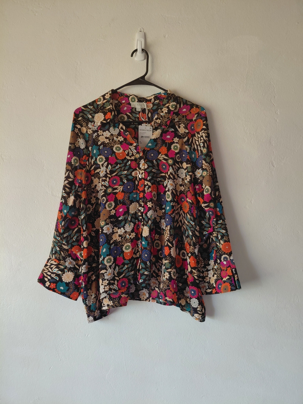 Status Black Long Sleeve Pink Orange Blue Floral Blouse
